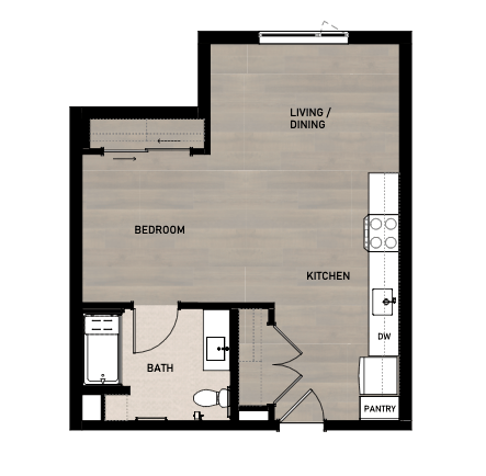 Floor plan for studio, 1 bath, 503 sqft
